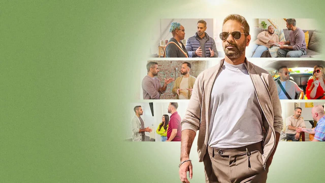 Artwork for the Netflix series How to Get Rich: Ramit Sethi walks in the foreground, with scenes of his conversations with participants behind him