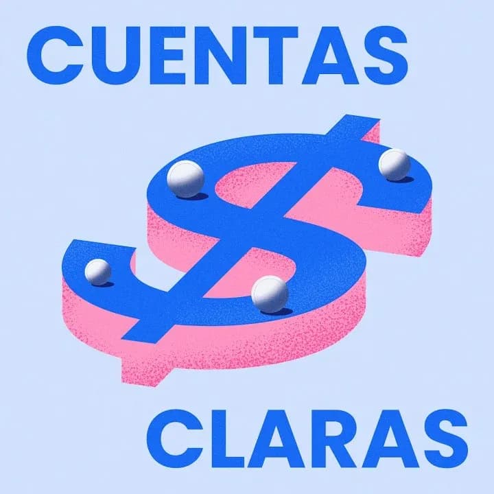 Cover of Neat's podcast Cuentas Claras: a three-dimensional blue and pink peso sign on a light blue background