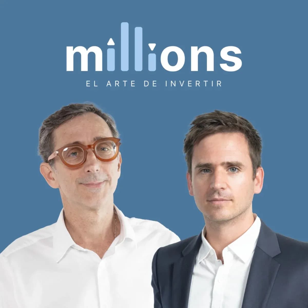 Cover of Betterplan's Millions: El arte de invertir podcast, with the logo on a blue background and its hosts Matías del Río and José Tomás Valente