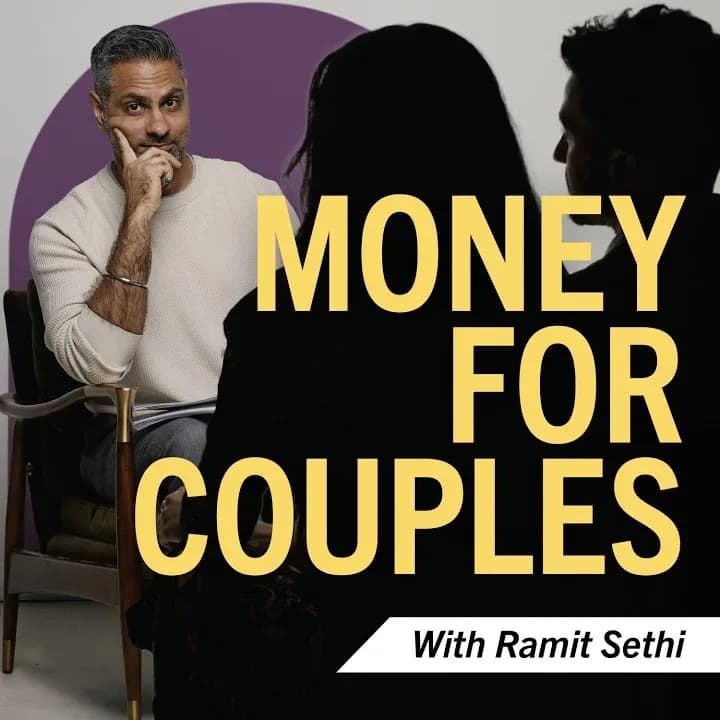 Cover of the Money For Couples podcast: Ramit Sethi sits listening to a couple seen from behind, with the title in yellow letters